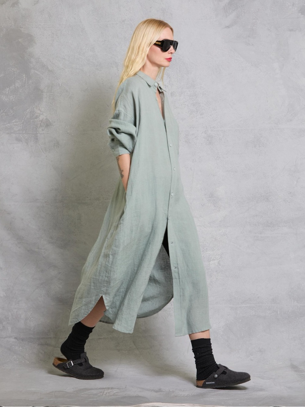Mamene Florence Linen Shirt Dress Aloe Gray Green XS S Oversized Button Up - Picture 13 of 14